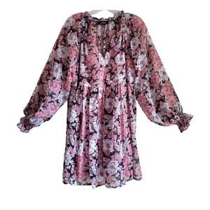 AAKAA Women's S Babydoll Dress Pink Plum Floral Chiffon Balloon Sleeves Ruffles